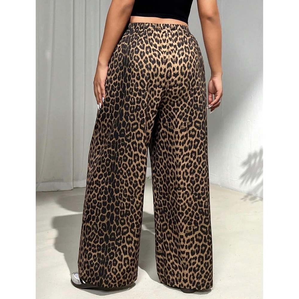 Leopard Print Wide Leg Pants Women's Size Large Casual Chic Pull On Cheetah Bold